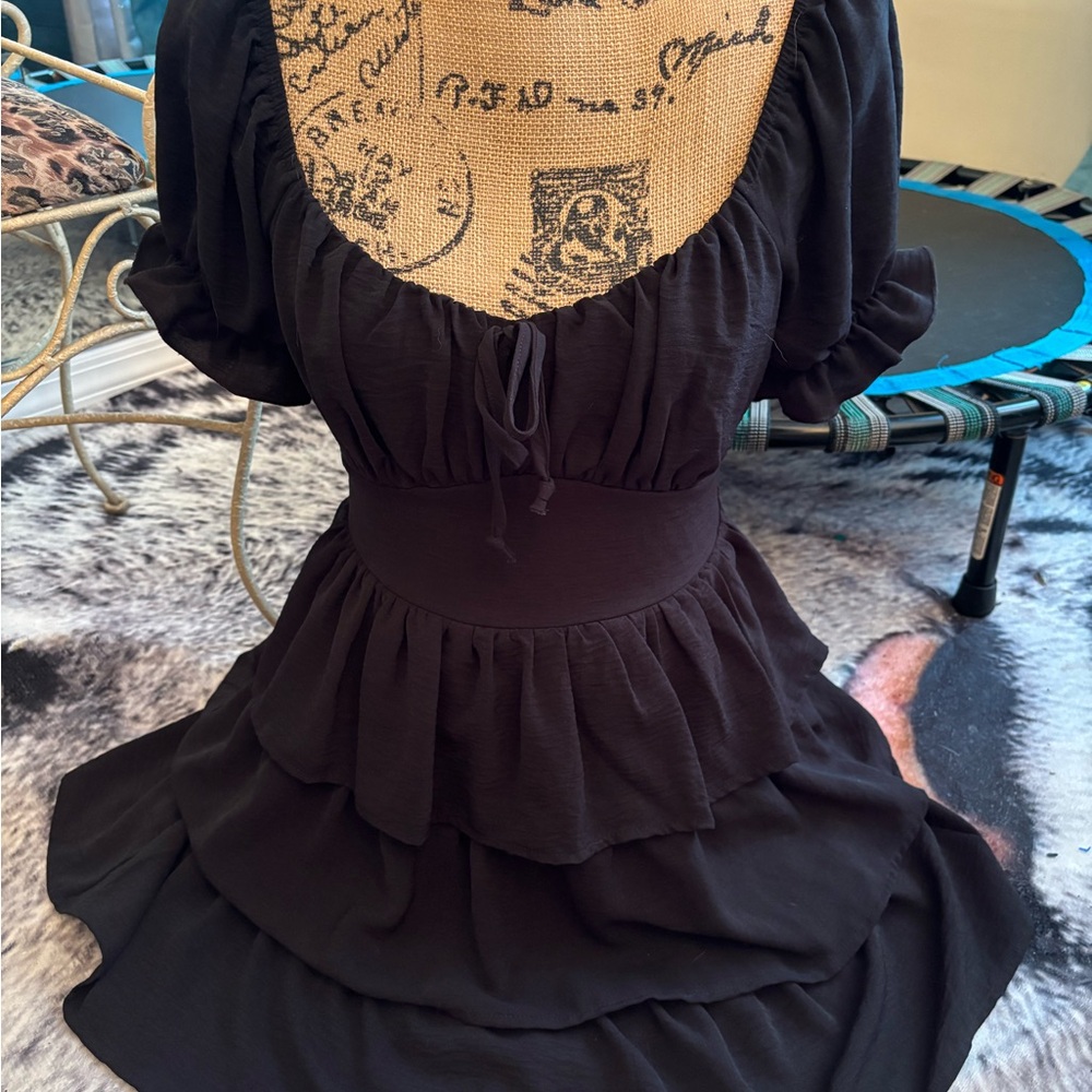 Inspired Hearts Black Tiered Mini Dress with Puff Sleeves and Scoop Neck